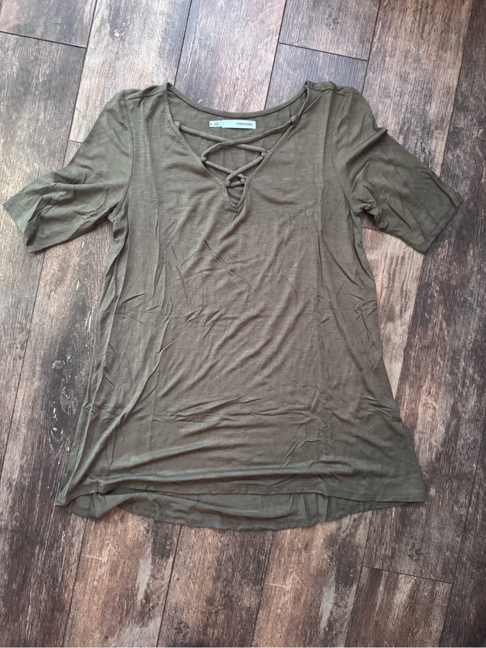 Maurices Olive Green Crisscross V-Neck Short Sleeve Tee